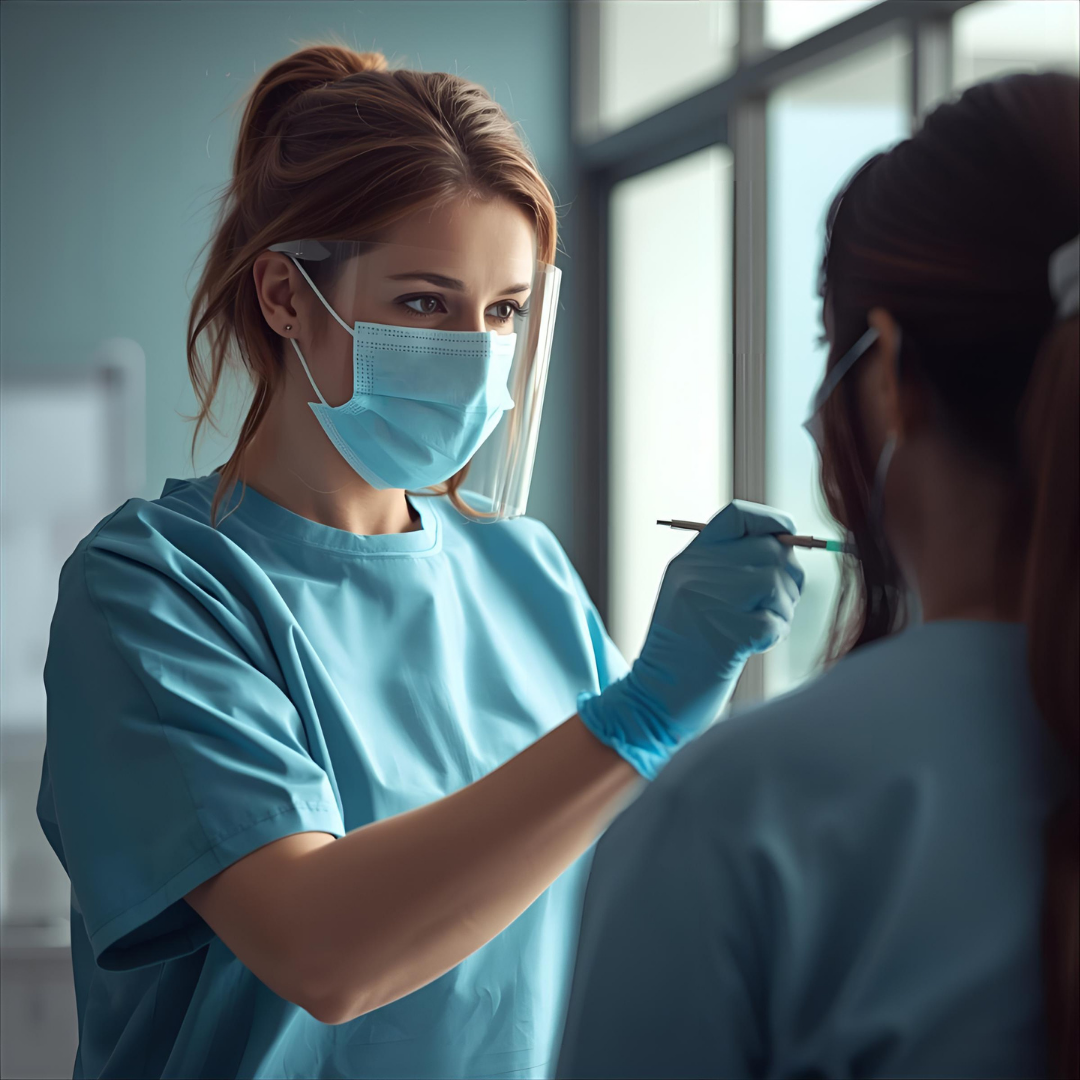 Pielęgniarka w maseczce ochronnej, przyłbicy i rękawiczkach pobiera wymaz od pacjenta w warunkach medycznych.